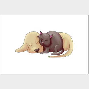 Cat and dog napping cute illustration Posters and Art